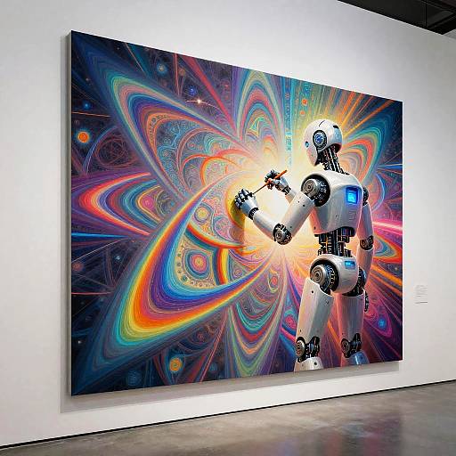 Vibrant digital painting of a silver robot interacting with a psychedelic, cosmic background featuring swirling colors and patterns on a gallery wall.
