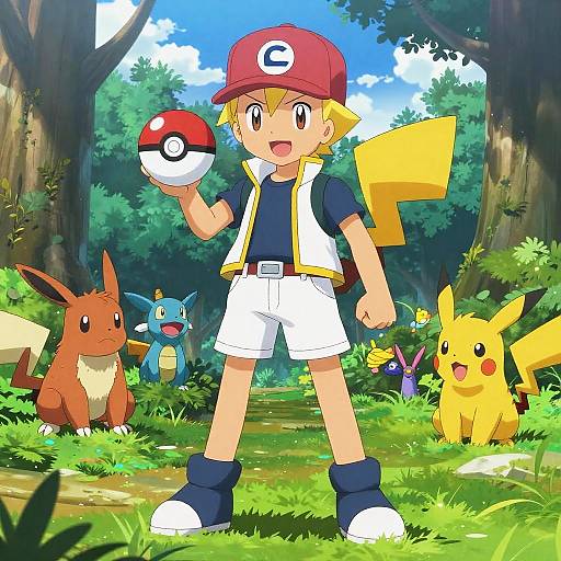 Digital anime-style illustration of a young boy in a red hat and white vest holding a Poké Ball, standing in a forest with Eevee,