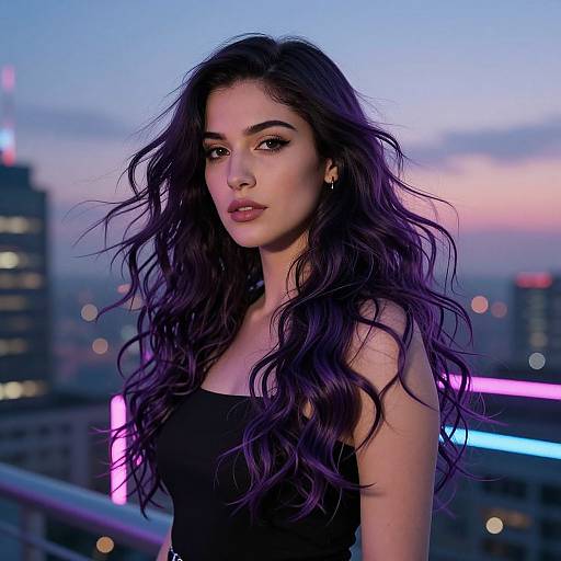Photograph of a beautiful young woman with long, wavy, dark purple hair, wearing a black strapless top, standing against a cityscape at