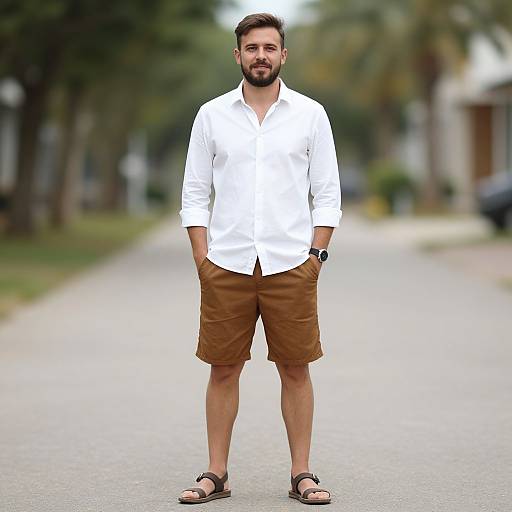 Photograph of a bearded man with short dark hair, wearing a white shirt, brown shorts, black sandals, standing on a suburban street.