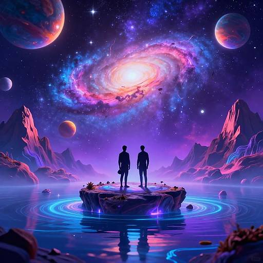 Digital art of two silhouetted figures standing on a glowing, floating island in a neon-lit, cosmic ocean, surrounded by mountains, planets