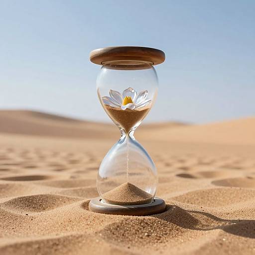 Photograph of a clear glass hourglass with a white daisy inside, standing on golden sand dunes under a bright blue sky.