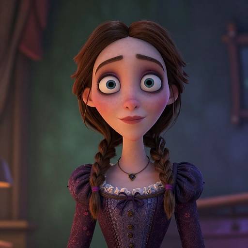 CGI image of wide-eyed, fair-skinned, brunette Elsa from Frozen with braided hair, wearing a dark, embroidered dress, in a dim