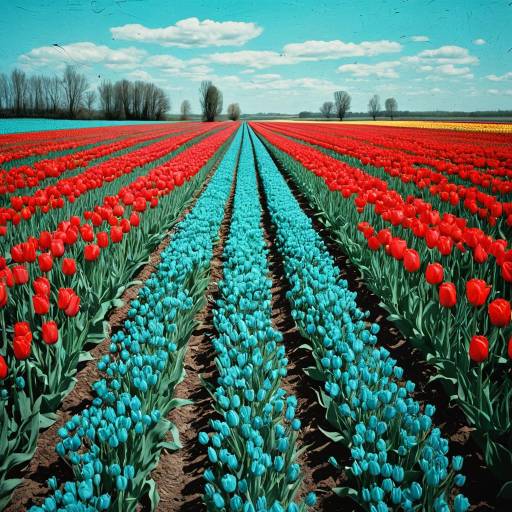 Abstract Tulip Fields with Red and Cyan Colors