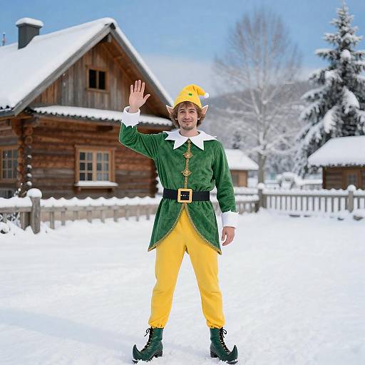 Waving Man in Green Elf Costume