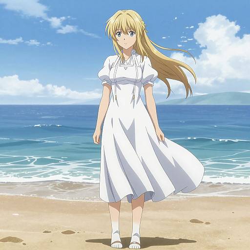 Anime-style digital drawing of a blonde girl with blue eyes, wearing a white dress, standing on a sunny beach with blue ocean and clear sky in the