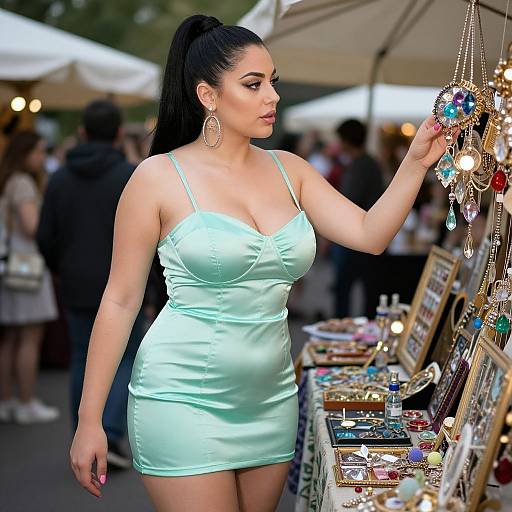 Photograph of a curvy woman with dark hair in a high ponytail, wearing a light green satin mini dress, examining colorful jewelry at an outdoor