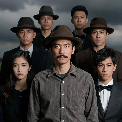 Dramatic Group Portrait with Mustached Central Figure