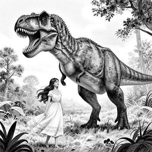 Black-and-white digital drawing of a roaring dinosaur beside a frightened woman in a flowing dress, surrounded by lush, detailed foliage.
