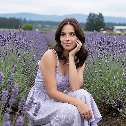 Photograph of a brunette woman with wavy hair, wearing a white dress, sitting in a lavender field, hand resting on cheek, with a blurred