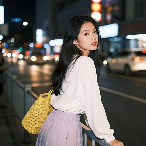 Photograph of an Asian woman with long black hair, wearing a white blouse and white skirt, carrying a yellow crochet backpack, standing on a nighttime city