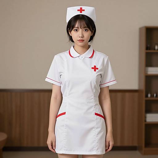 Photograph of an Asian woman in a white nurse uniform with red cross accents and hat, standing in a beige-walled room.