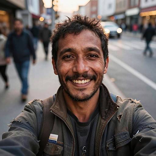 Photograph of a smiling, middle-aged man with dark, spiky hair and beard, wearing a worn, ripped jacket, standing on a bustling urban