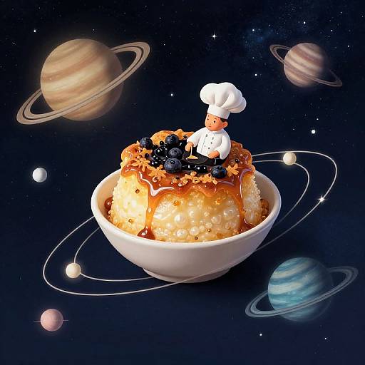 Digital illustration of a dessert bowl with blueberries, topped with a chef figurine, in a cosmic space scene with planets.