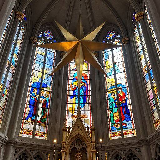 Photograph of a Gothic cathedral interior with vibrant stained glass windows featuring colorful biblical scenes, a golden star-shaped ceiling ornament, and ornate stone arches