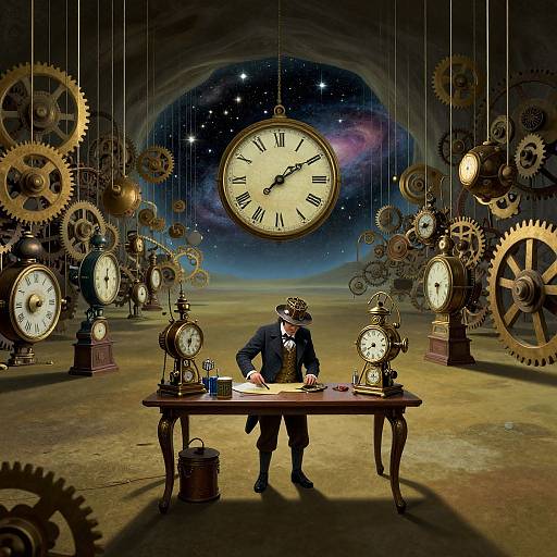 Steampunk illustration: Man in top hat and suit writing at wooden desk, surrounded by large and small clock gears, celestial backdrop, and starry