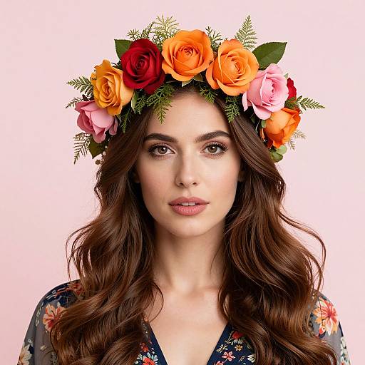 Photograph of a young woman with long, wavy brown hair, wearing a colorful flower crown with orange, pink, and red roses, and a