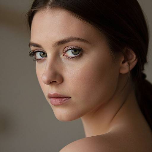 Photograph of a young woman with fair skin, blue eyes, and dark brown hair in a braid, looking over her shoulder with a neutral expression