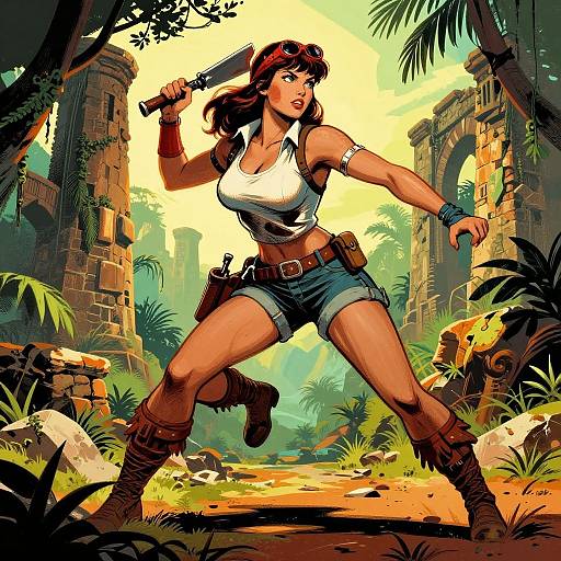 Digital comic-style artwork of a fierce, muscular woman with dark hair, white tank top, denim shorts, and boots, holding a knife in a jungle