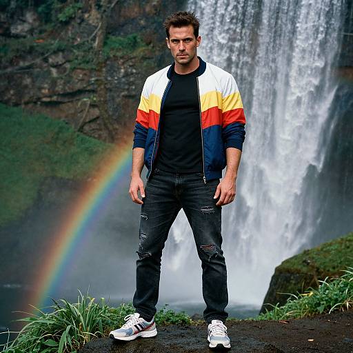 Photograph of a handsome, bearded man in a colorful jacket, black shirt, and ripped jeans, standing before a waterfall with a rainbow.