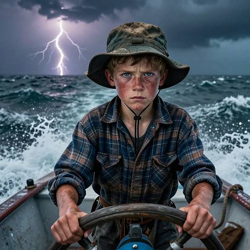Photograph: Young boy with rain-streaked face, plaid shirt, and camouflage hat steering boat in stormy sea, lightning bolt illuminating