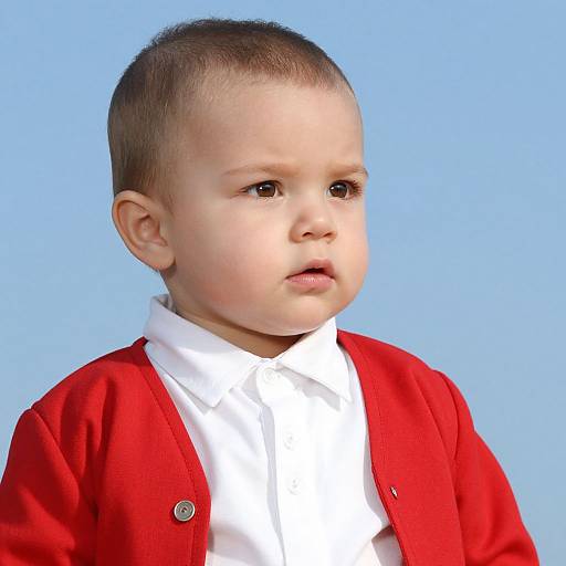 Photograph of a young boy with short brown hair, wearing a red cardigan over a white shirt, against a bright blue background.