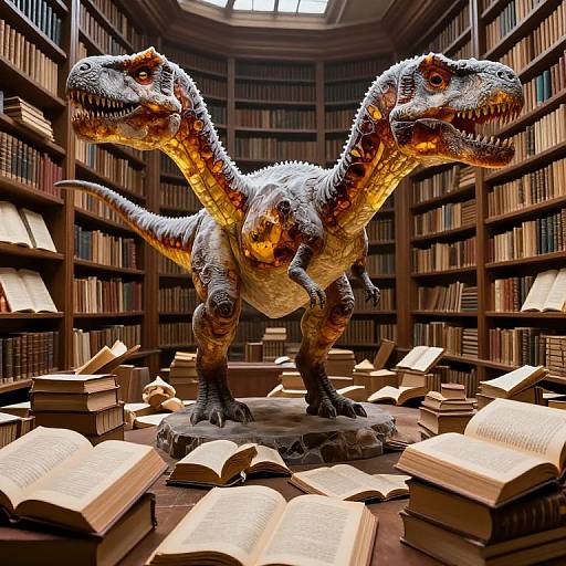 Photorealistic CGI of a two-headed, orange-and-white dinosaur standing in a library, surrounded by open books and wooden shelves.