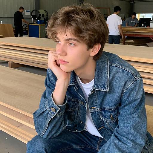 Young Man in Denim Jacket Sitting in Warehouse