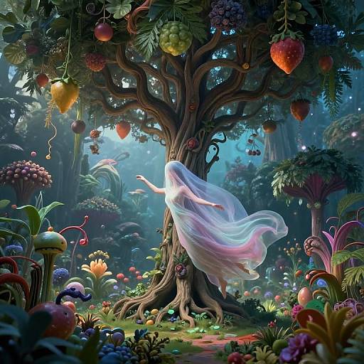 Fantastical forest scene: ethereal white figure in flowing dress dances around a fruit-laden, enchanted tree amidst vibrant, glowing mushrooms and colorful berries