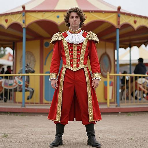 Photograph of a curly-haired young man in a red and gold theatrical costume with white ruffled collar, standing in front of a colorful carousel.