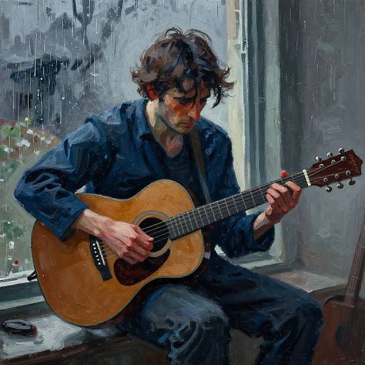 Photorealistic digital painting of a melancholic man with messy brown hair, wearing a dark blue shirt, playing a wooden acoustic guitar on a rainy windows
