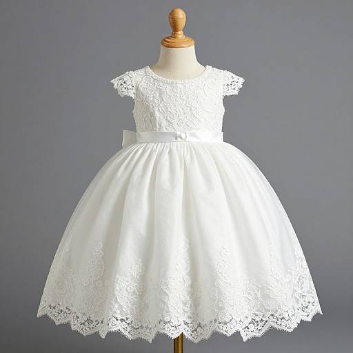 Photograph of a white lace-trimmed, short-sleeved, knee-length baby dress displayed on a wooden dress form against a gray background.