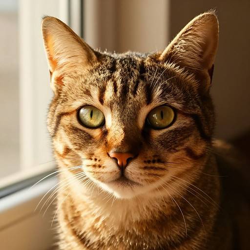 Close-up photograph of a tabby cat with bright green eyes, sunlight illuminating its fur, and a blurred window in the background.