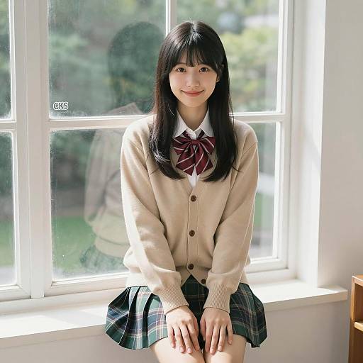 Smiling Asian Woman on Windowsill