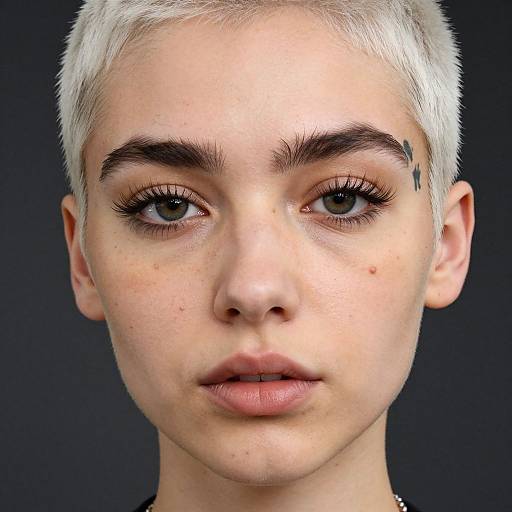 Close-up photograph of a young, light-skinned person with short, platinum blonde hair, thick dark eyebrows, and green eyes against a dark background.