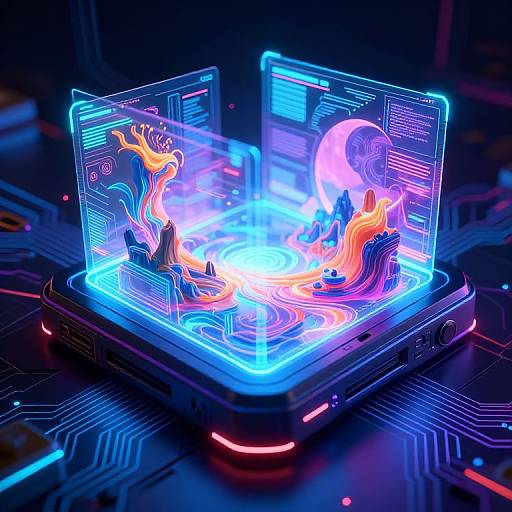 Neon-lit CGI image of a futuristic, glowing cube displaying vibrant blue and purple digital screens with abstract, fiery shapes and a crescent moon.