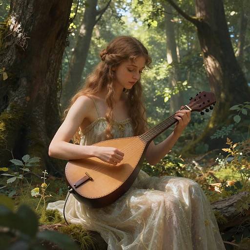 Nymph Playing Dulcimer in Magical Forest