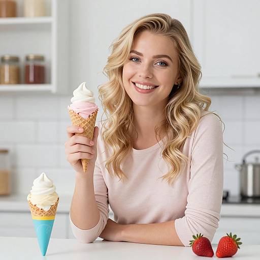 Smiling Woman with Ice Cream and Strawberries
