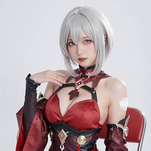 Silver-Haired Woman in Red Cosplay