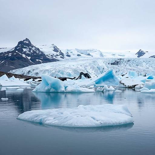 Photograph of a serene Arctic landscape featuring floating icebergs, blue-tinged glaciers, and snow-capped mountains reflected in calm, grey water