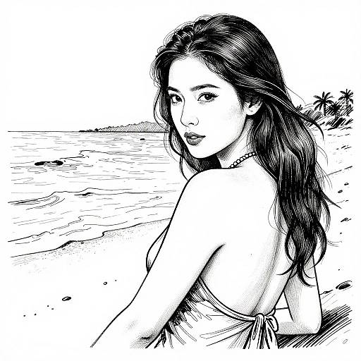 Ink Lineart of Woman by Beach