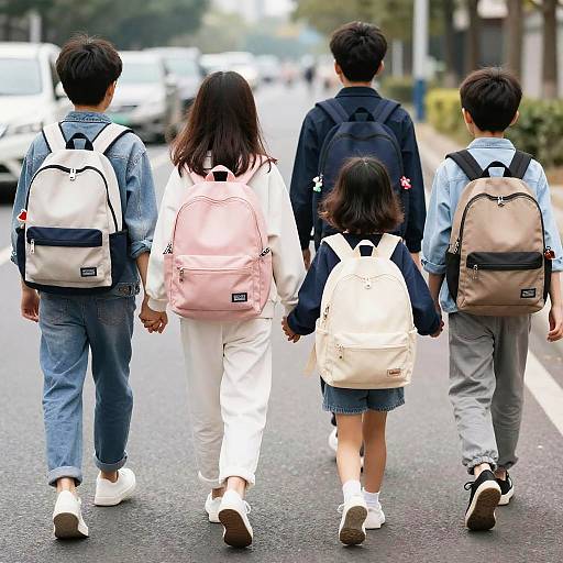Children Walking Hand-in-Hand on Street