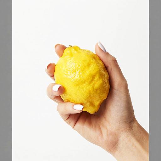 Photograph of a hand with white-painted nails holding a bright yellow, textured lemon against a plain white background.