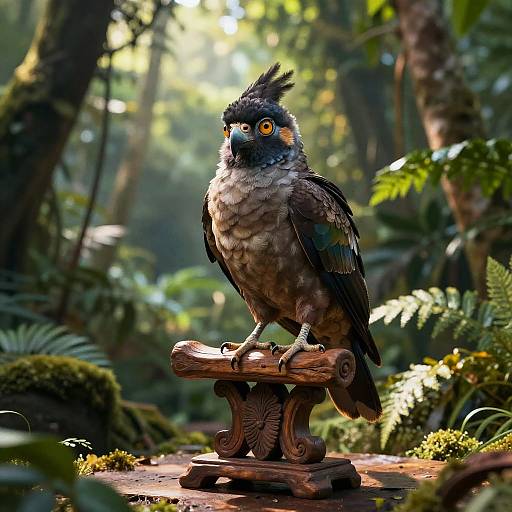 Photorealistic CGI of a colorful, detailed owl with black, blue, and brown feathers perched on a wooden pedestal in a lush, sunlit