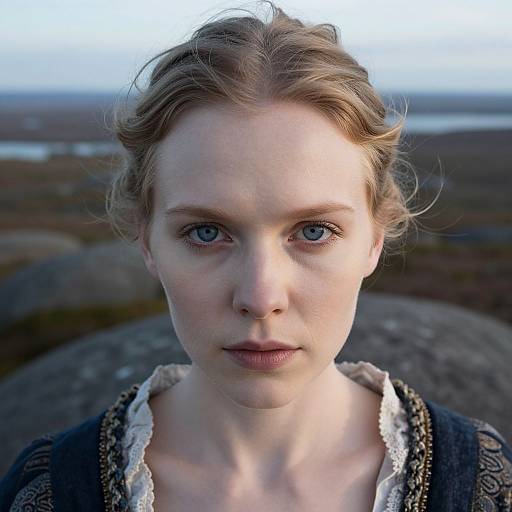 Photograph of a fair-skinned, blue-eyed young woman with light brown hair in a loose braid, wearing a lace-trimmed, dark