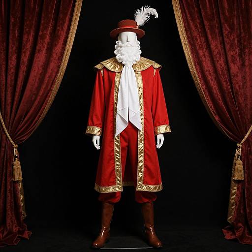 Photograph of a white mannequin dressed in a red and gold 18th-century pirate costume, white neckerchief, black boots, feather