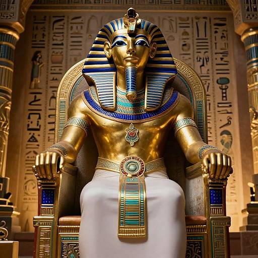 Photorealistic CGI of an Egyptian pharaoh statue, gold-skinned with blue and gold striped headdress, white loincloth, ornate jewelry