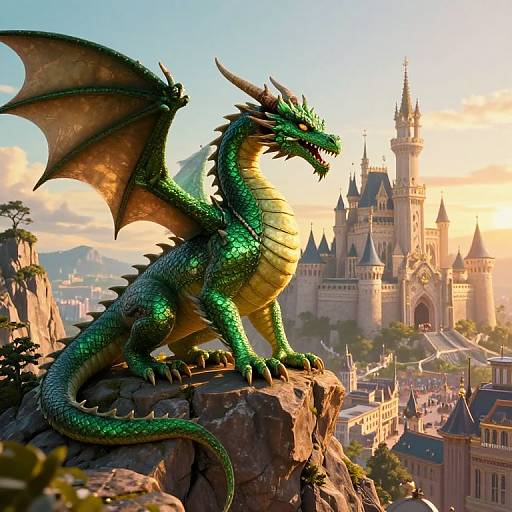 Photorealistic CGI: Green, glittering dragon with large wings and horns perched on rocky cliff, overlooking a sunlit, medieval castle city.
