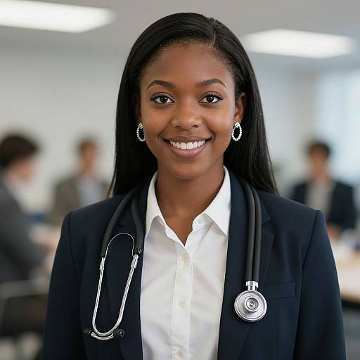 Photograph of a smiling, dark-skinned African woman with long black hair, wearing a black blazer, white shirt, stethoscope, and