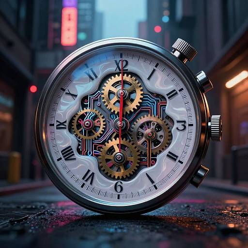Photograph of a futuristic, steampunk-style pocket watch with exposed gears and neon-lit urban street background, showcasing intricate mechanical details.